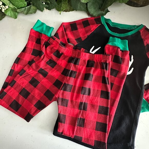 Kids Reindeer Christmas Pajamas Set Size 6 Little Pajamas Cotton Black & Red Pla - Picture 6 of 9